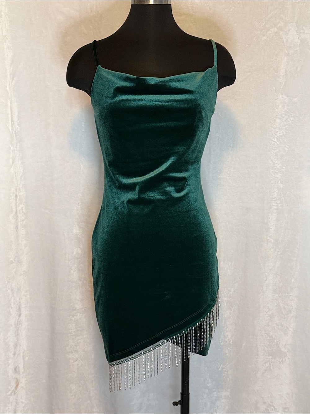 Elegant Emerald Velvet Slip Dress with Fringe